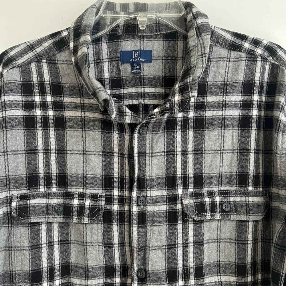 Men's Flannel Shirt XL Grey Black Plaid George Super Soft Outdoor Casual